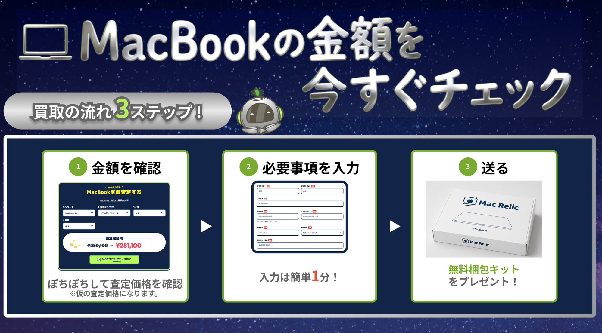 MacBookの金額を今すぐチェック 買取の流れ3ステップ 1.金額を確認 2.必要事項を入力 3.送る